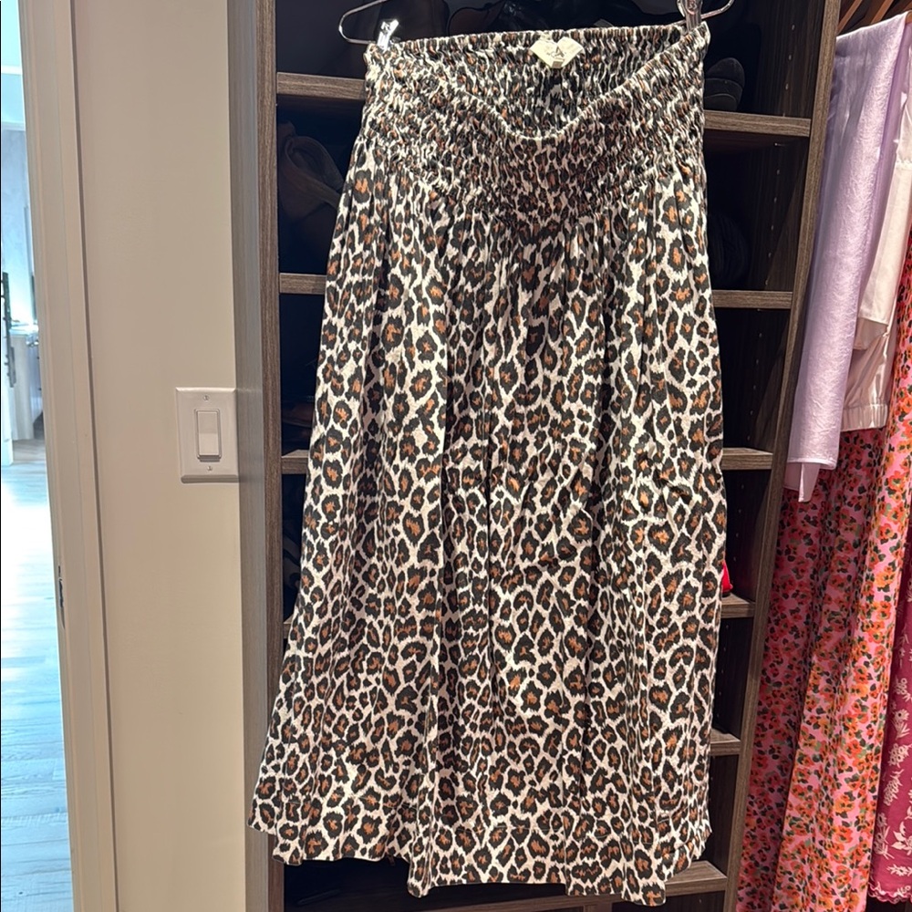 THE GREAT. Brown and Black Smocked A-Line Midi Skirt